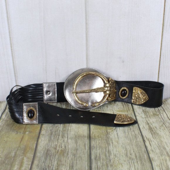 Unbranded Accessories - Black Leather Embellished Medallion Unique Adjustable Belt
